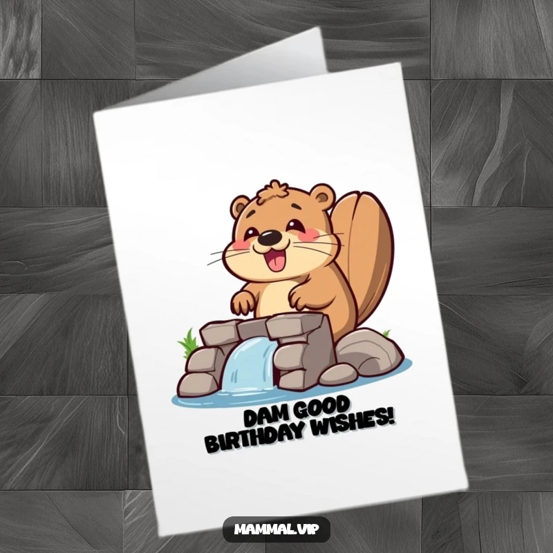 Funny Free Printable Birthday Card: A super happy beaver enthusiastically building a sturdy dam with logs and mud, a construction marvel.