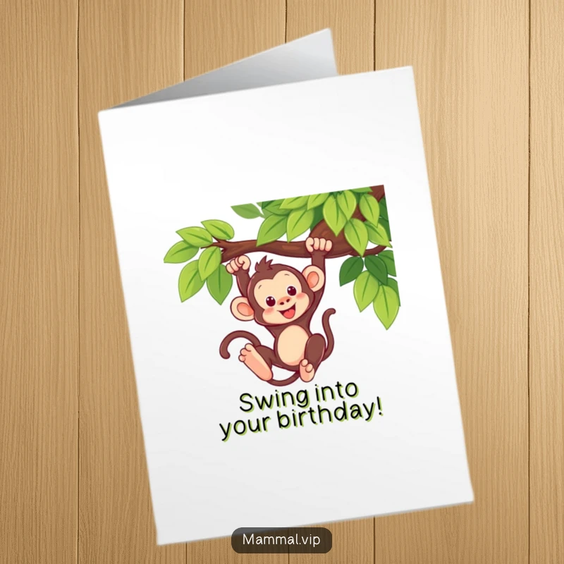 Funny Free Printable Birthday Card: A cute monkey playfully swinging from a tree branch, celebrating with energetic fun.