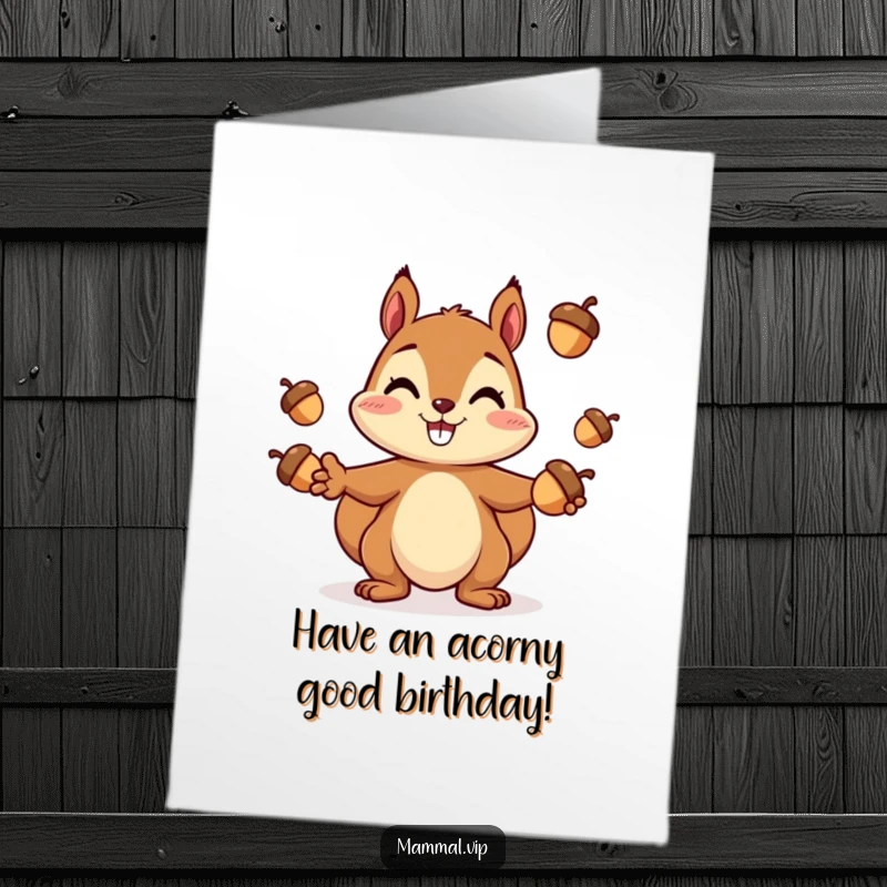 Funny Free Printable Birthday Card: Cheerful squirrel character smiling while expertly juggling three acorns.