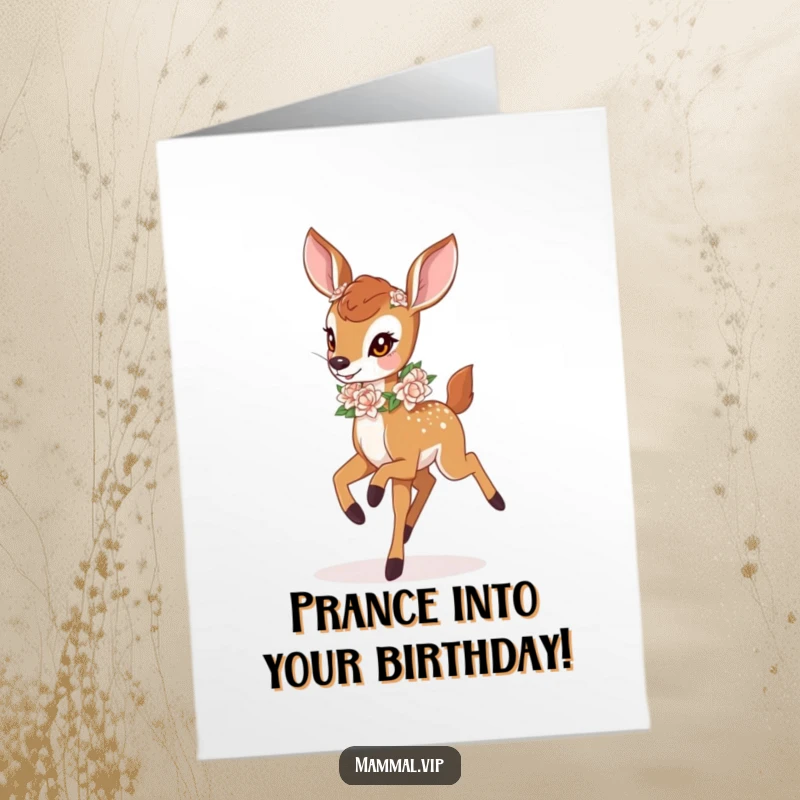 Funny Free Printable Birthday Card: A joyful deer fawn with a flower garland bounces happily, a downloadable gift.