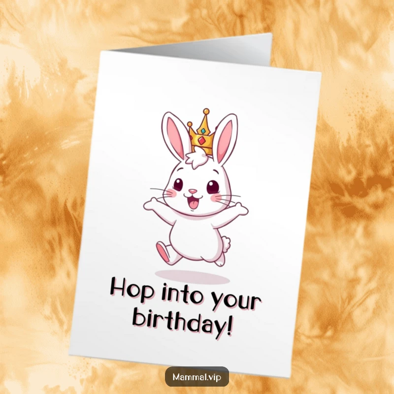 Funny Free Printable Birthday Card: A cheerful rabbit in a crown hops with enthusiasm, spreading birthday joy fit for royalty. Downloadable.