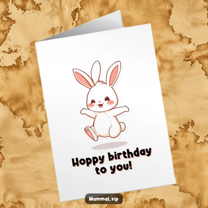 Funny Free Printable Happy Birthday Card: Cheerful rabbit joyfully bouncing on hind legs, spreading birthday cheer.