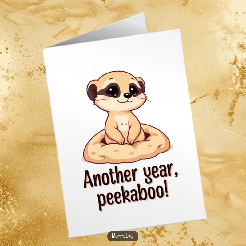Funny Free Printable Meerkat Birthday Card, a curious meerkat character popping its head out from the entrance of a small burrow.