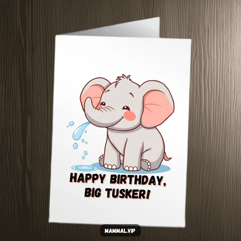 Funny Free Printable Birthday Card: A joyful elephant happily spraying a big arc of water from its trunk.
