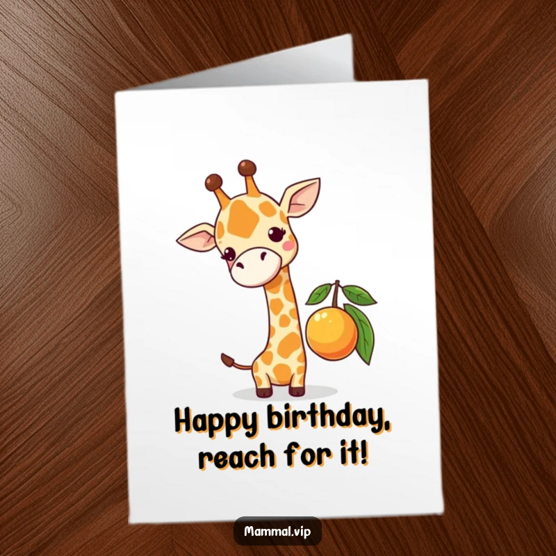 Funny Free Printable Birthday Card: Cute giraffe comically stretches to reach a low-hanging piece of fruit.