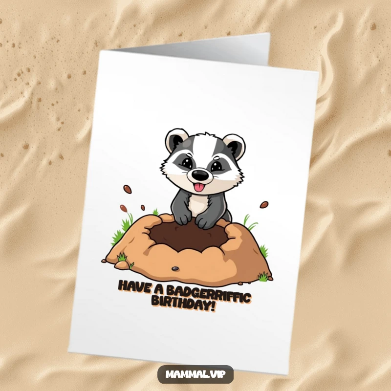 Funny Free Printable Birthday Card: Determined badger character digging a comically large hole, symbolizing enthusiasm for the birthday celebration.