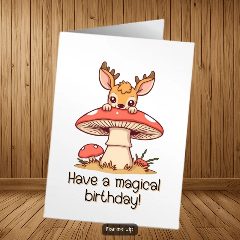 Funny Free Printable Birthday Card: A curious deer peeking over a giant mushroom, wishing you a magical birthday celebration.