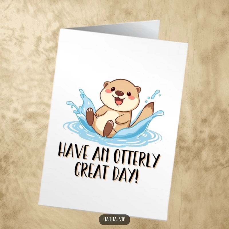 Funny Free Printable Birthday Card featuring a happy otter character joyfully sliding down a big water splash, celebrating their special day.