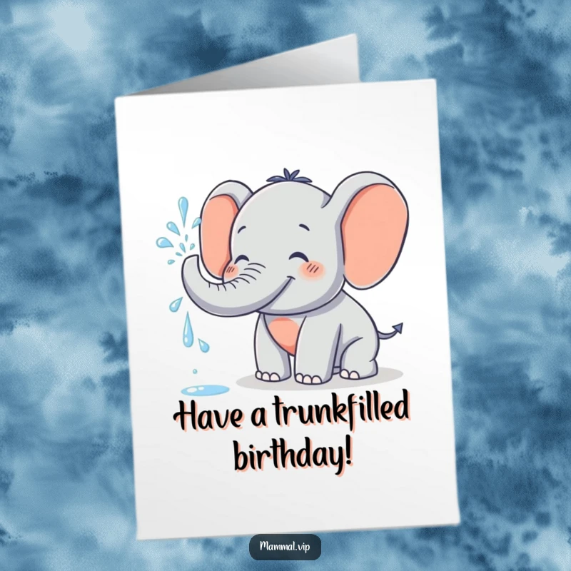 Funny free printable birthday card: Grinning elephant character playfully spraying water with its trunk, celebrating.