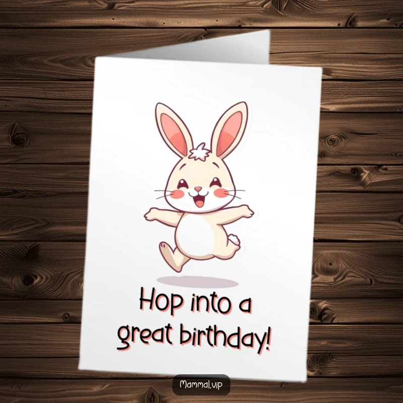 Funny Free Printable Cheerful Rabbit Card: A happy bunny mid-hop, ears up, radiating pure joy for a birthday celebration.