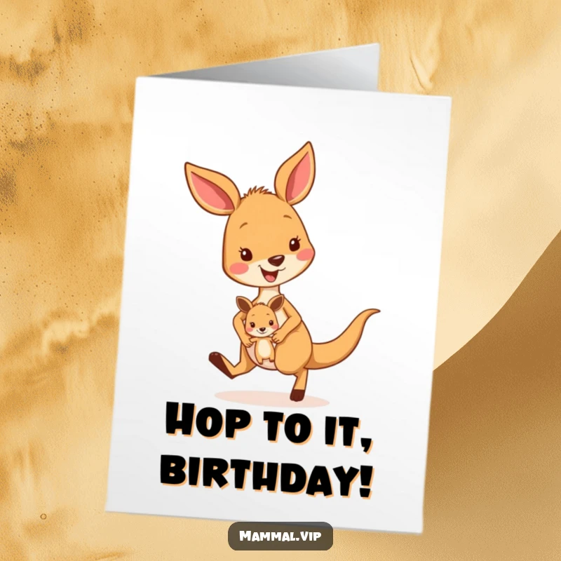 Funny Free Printable Birthday Card: Smiling kangaroo energetically hopping with a happy joey in her pouch. Happy Birthday!