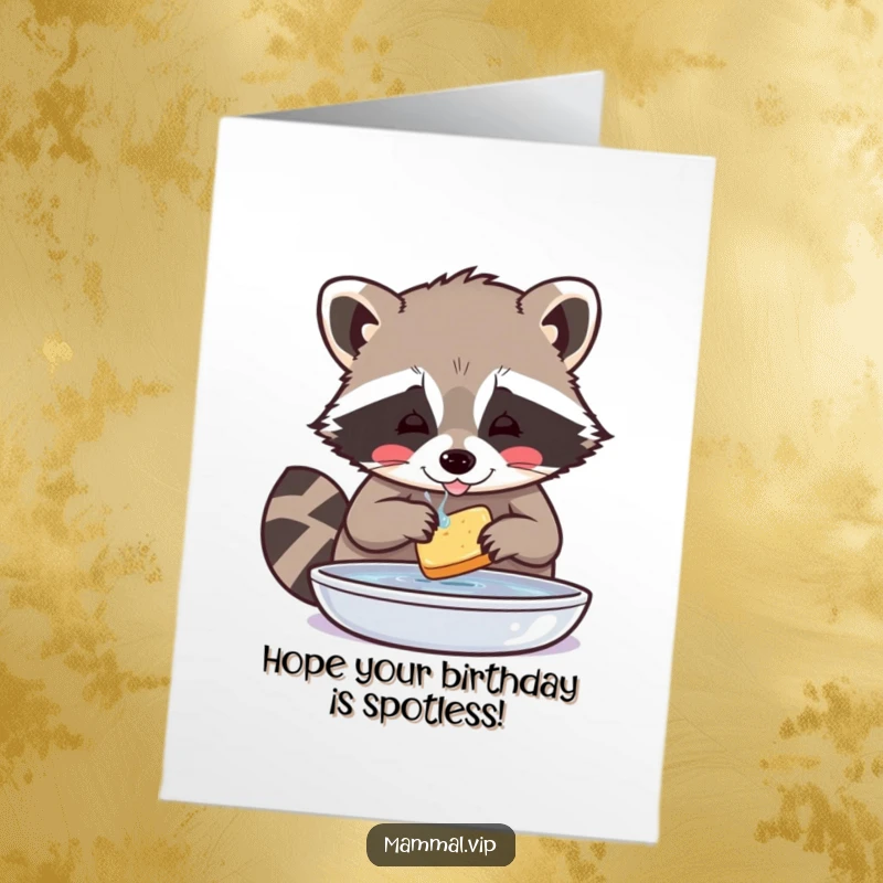 Funny free printable birthday card showing a playful raccoon meticulously washing a tiny piece of food with great care.