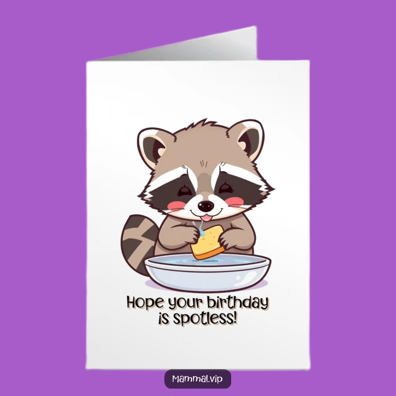 Free Printable Birthday Card: Raccoon Washing Food Funny Downloadable Gift