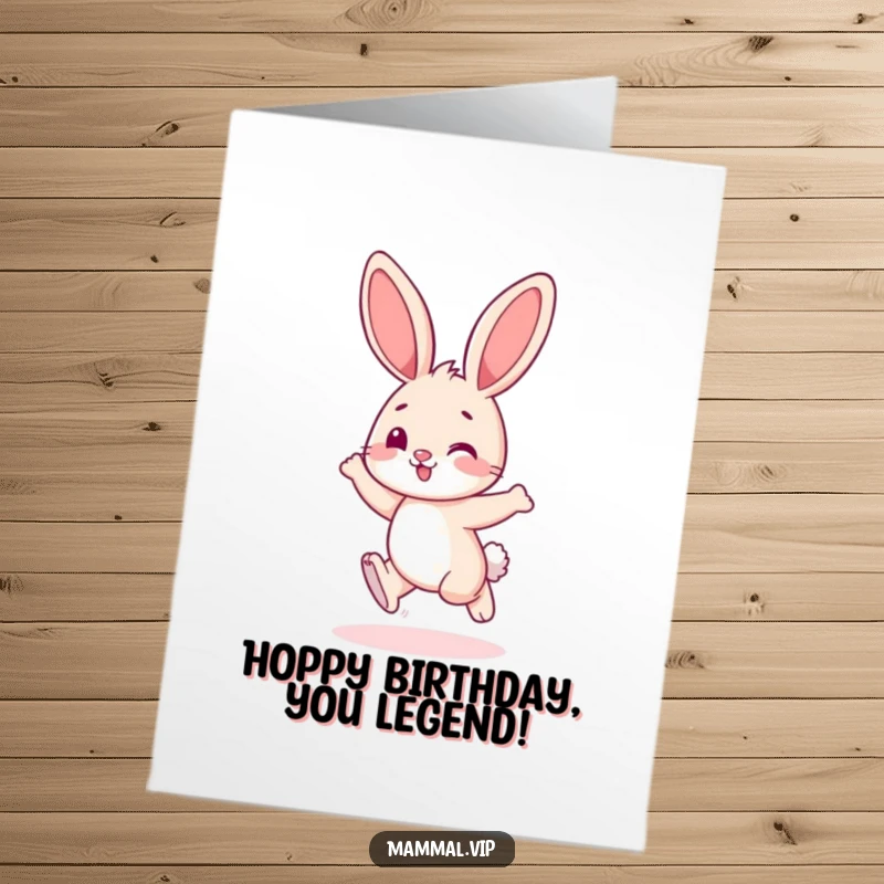 Funny Free Printable Birthday Card: Cute bunny character playfully hopping with excitement for a birthday.