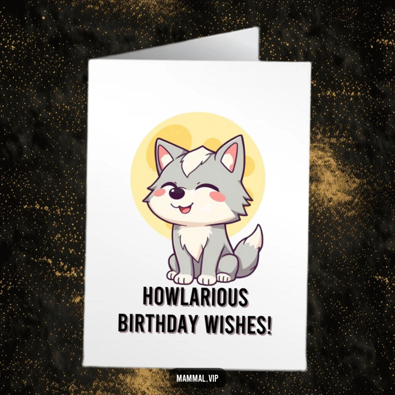 Funny Free Printable Birthday Card: A charming wolf winks as it howls joyfully at a big full moon.