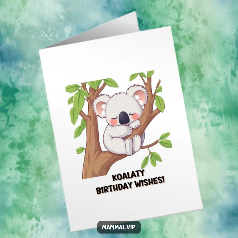 Funny free printable birthday card: Content koala character snoozing peacefully on a tree branch.
