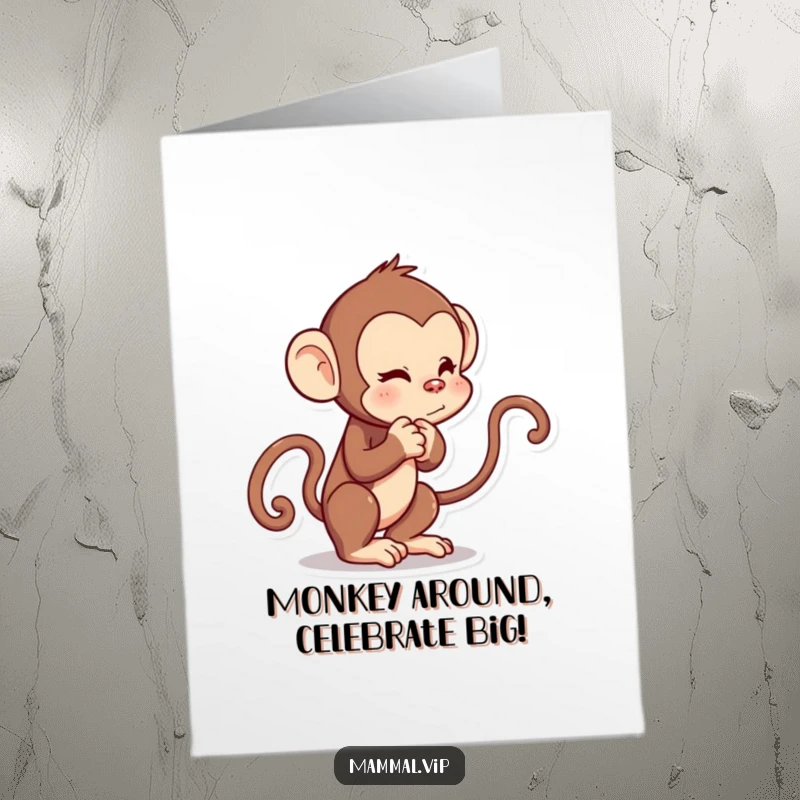 Funny free printable birthday card: a curious monkey playfully tugs its own tail, full of mischievous energy.