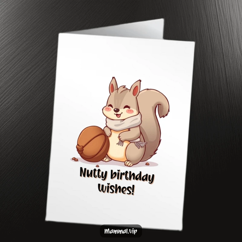 Funny Free Printable Birthday Card: A happy squirrel in a scarf buries a large nut, preparing for a cozy birthday celebration. Downloadable.