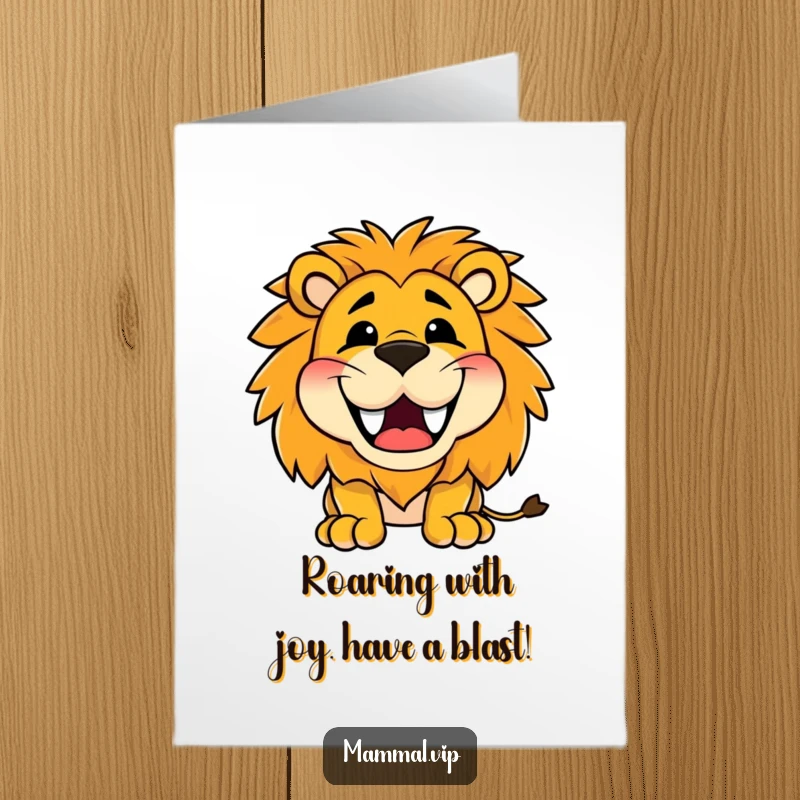 Funny Free Printable Birthday Card: A Happy Lion roaring with a massive, toothy grin, ready to celebrate loudly.