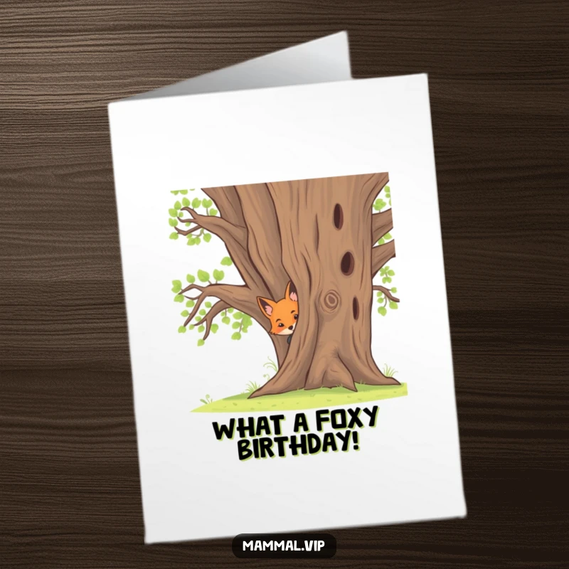 Funny Free Printable Fox Birthday Card: A curious fox kit peeks mischievously from behind an oak, ready to wish you well.