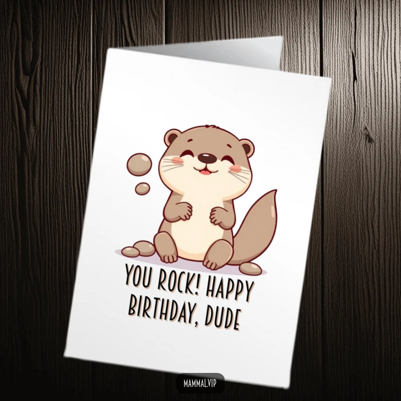 Funny Free Printable Birthday Card: Playful otter character skillfully juggling smooth, round pebbles with a cheeky grin.