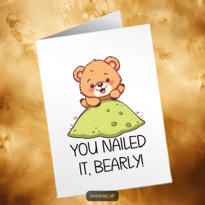 Funny Free Printable Bear Cub Congratulations Card: A happy cub tumbles down a hill, celebrating your success with gusto.