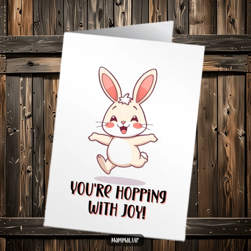 Funny Free Printable Cheerful Rabbit Card: A delighted rabbit leaping with joy, celebrating your wonderful news with a happy bounce.