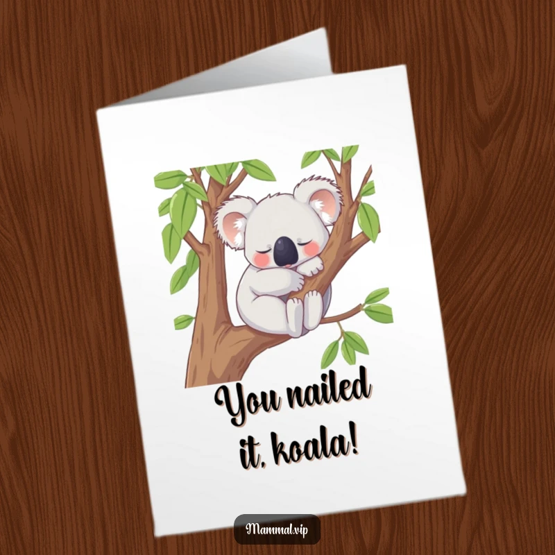 Funny free printable congratulations card: Content koala character snoozing peacefully, celebrating a calm success.