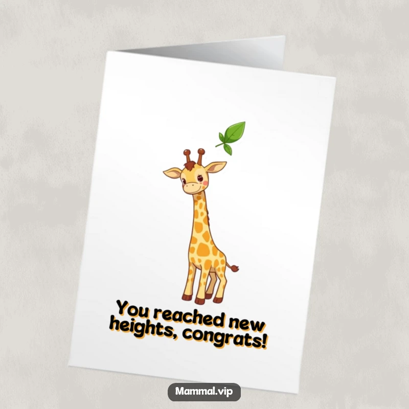 Free Printable Congratulations Card: A curious giraffe stretching its long neck towards a prized leaf, celebrating success and ambition.