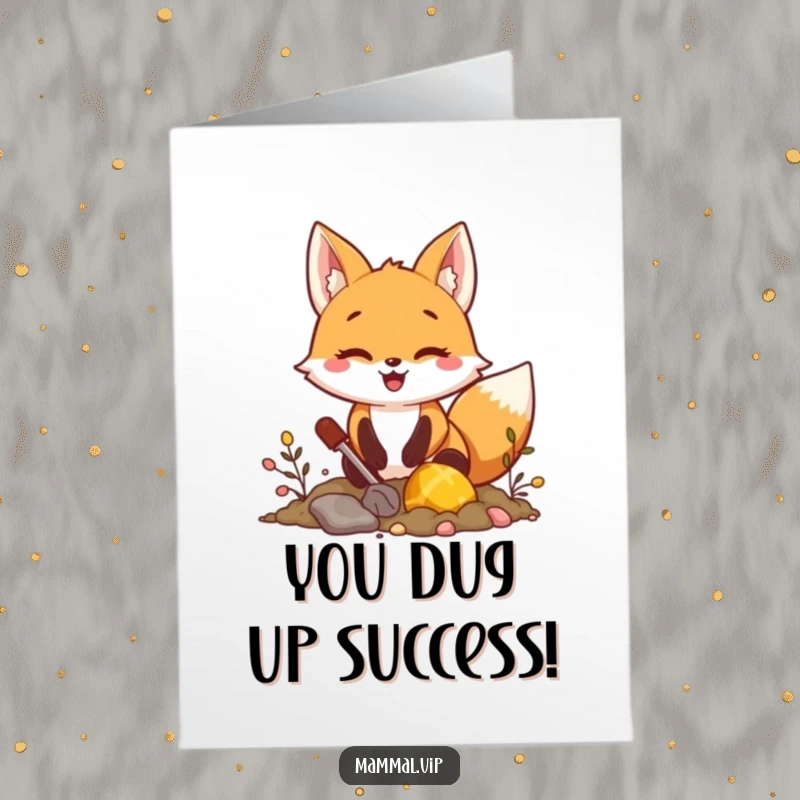 Free Printable Congratulations Card: Excited fox character digging up a chest overflowing with treasure, a symbol of achievement.