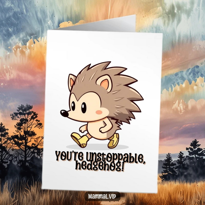 Funny Free Printable Congratulations Card: A determined hedgehog character striding forward with purpose in tiny boots.