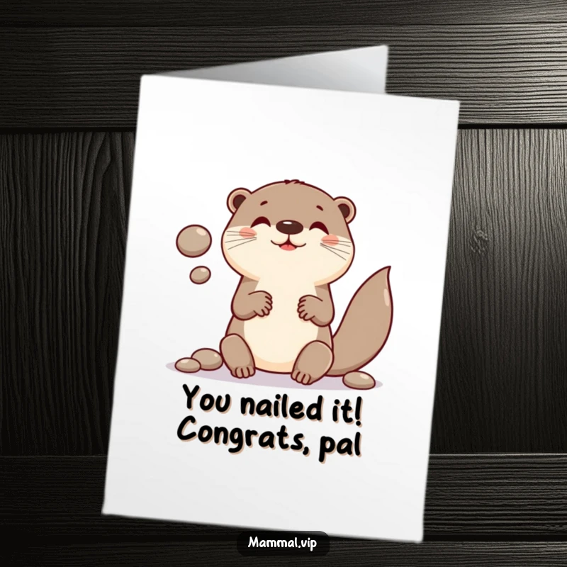 Funny Free Printable Congratulations Card: A cheerful otter character juggling round pebbles, celebrating success with great skill.