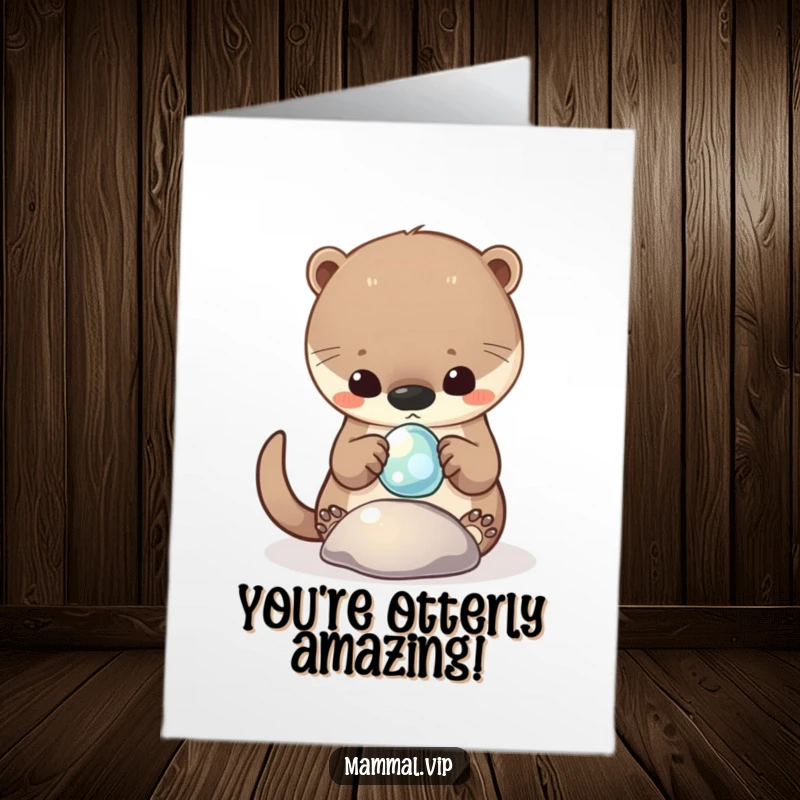 Funny Free Printable Congratulations Card: Curious otter happily playing with a shiny pebble, celebrating a discovery.