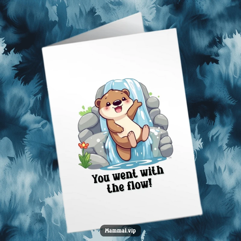 Free Printable Congratulations Card: Playful otter character gleefully sliding down a waterfall, symbolizing a joyous journey.