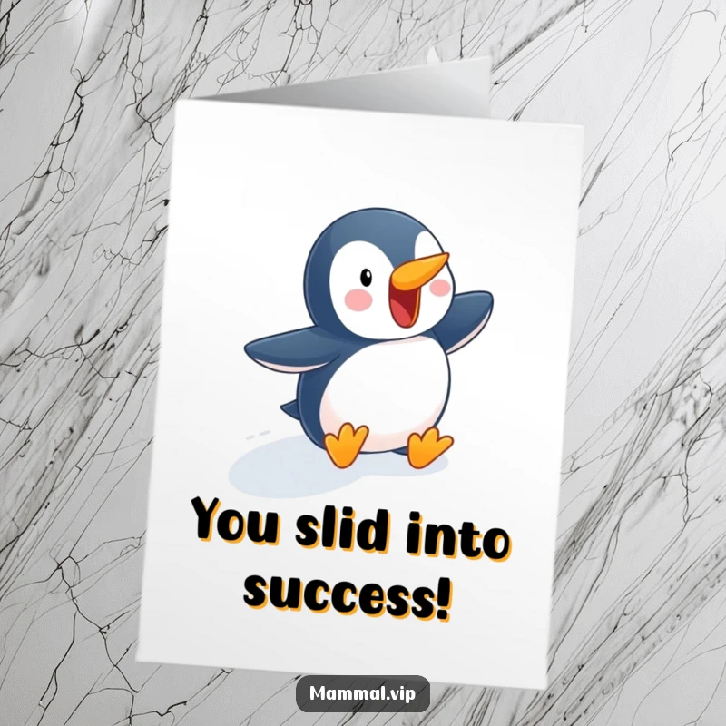 Funny Free Printable Congratulations Card: Playful penguin sliding down a snowy slope, celebrating a win. Congrats!