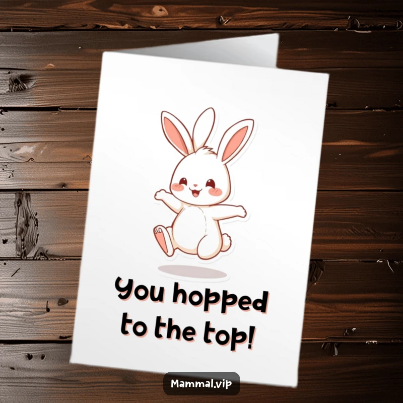 Funny Free Printable Congratulations Card: Cheerful rabbit excitedly bouncing, celebrating an amazing achievement.