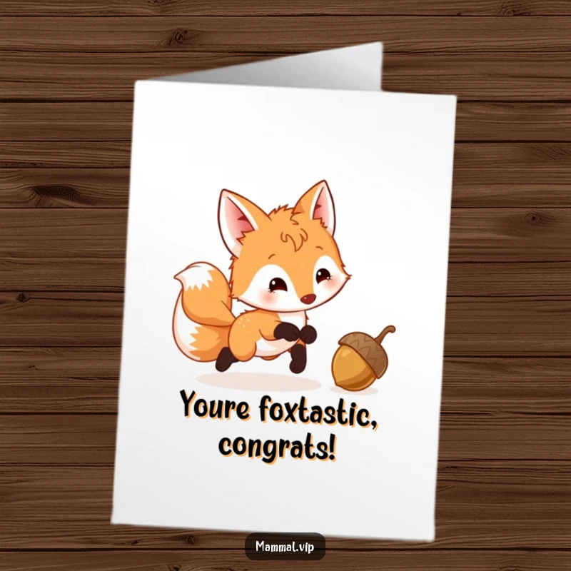 Funny Free Printable Congratulations Card: A spirited fox cub joyfully running after a lively, bouncing acorn.