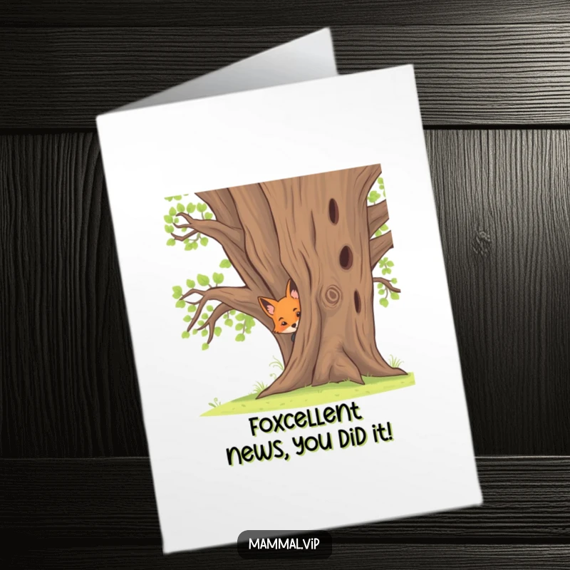 Funny Free Printable Fox Congratulations Card: A curious fox kit peeks from behind a tree, celebrating your clever success.