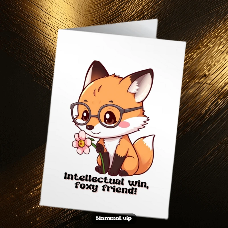 Funny Free Printable Congratulations Card: A fox wearing spectacles studies a flower, a smart downloadable gift for achievements.