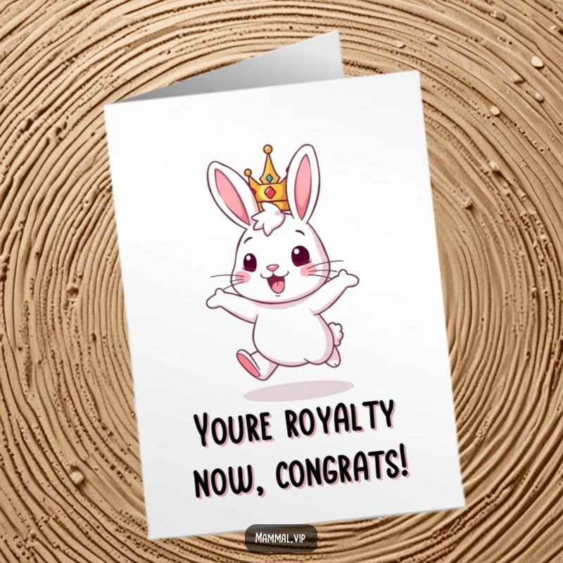 Funny Free Printable Congratulations Card: A cheerful rabbit wearing a crown hops enthusiastically, celebrating a grand success. DIY gift.