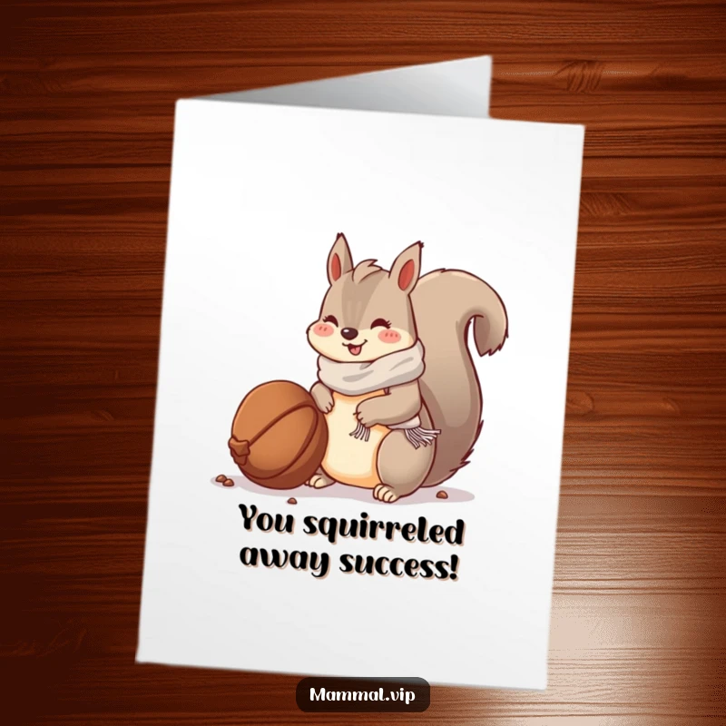 Funny Free Printable Congratulations Card: A happy squirrel wearing a tiny scarf buries a large nut, symbolizing a great find. DIY.