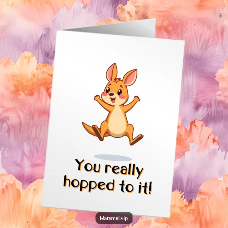 Funny Free Printable Congratulations Card, a kangaroo character comically overshooting a jump, looking surprised at the unexpected result.