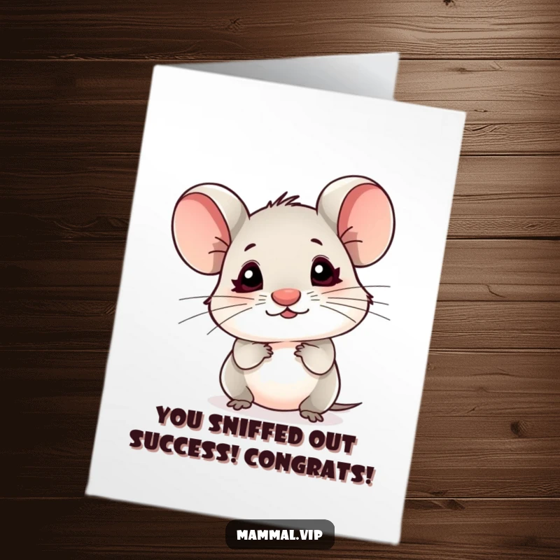 Funny Free Printable Congratulations Card: A small mouse character with a tiny nose sniffing the air, celebrating your win.