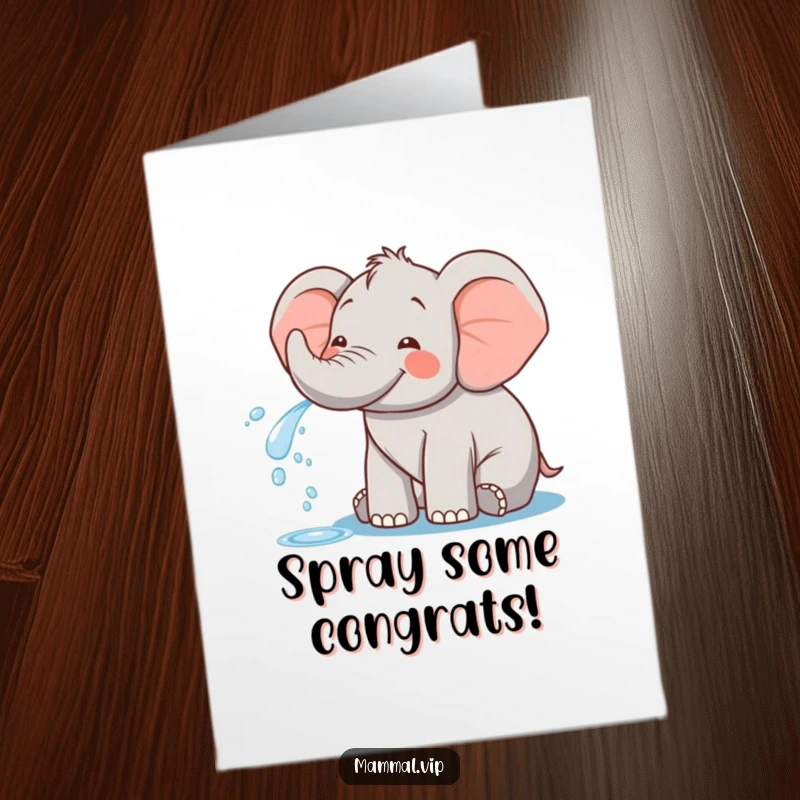 Funny Free Printable Congratulations Card: A happy elephant joyfully sprays water, celebrating success with enthusiasm.