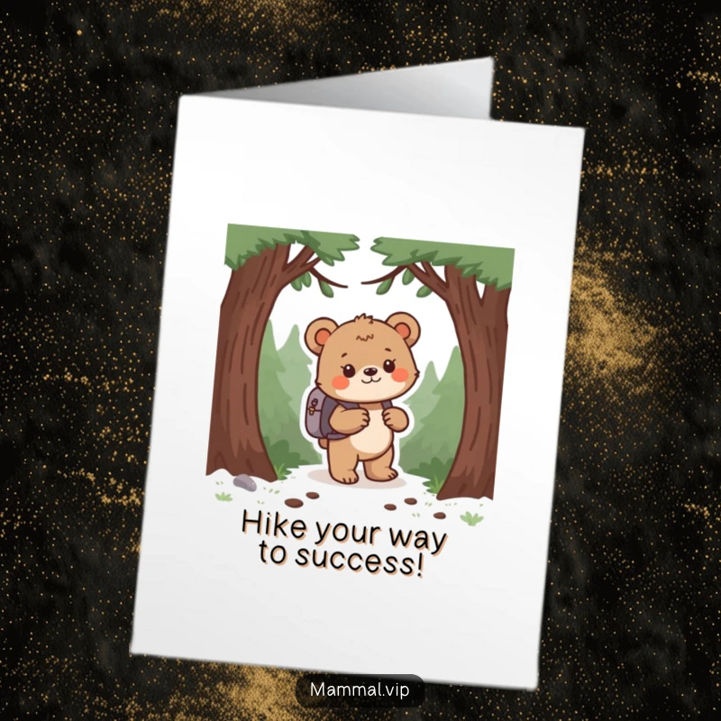 Funny Free Printable Congratulations Card: Playful bear cub backpacker celebrating an achievement in a colorful forest, a downloadable gift.