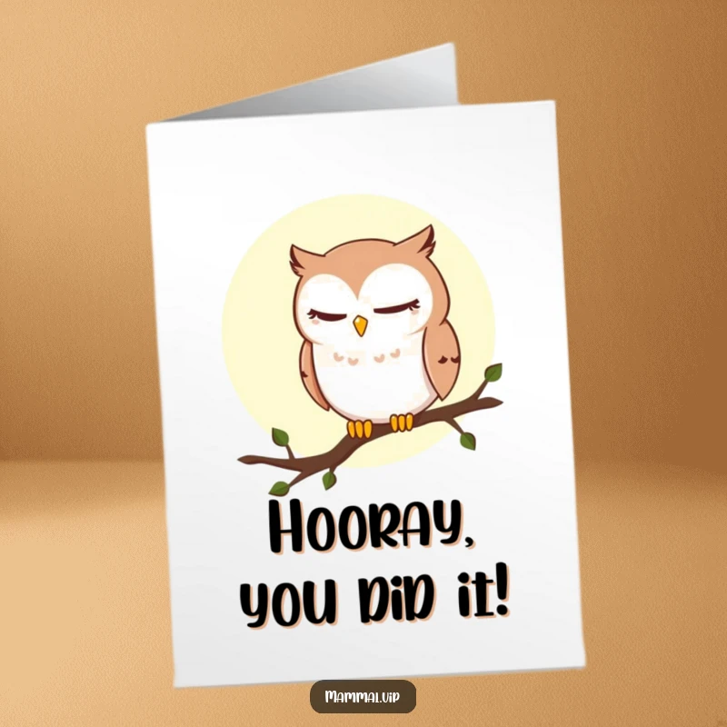 Free printable congratulations card with a sly winking owl on a moonlit branch, conveying a humorous congratulatory message.