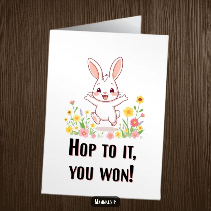 Funny Free Printable Rabbit Congratulations Card: An excited rabbit hops through flowers, celebrating your fantastic success with pure joy.