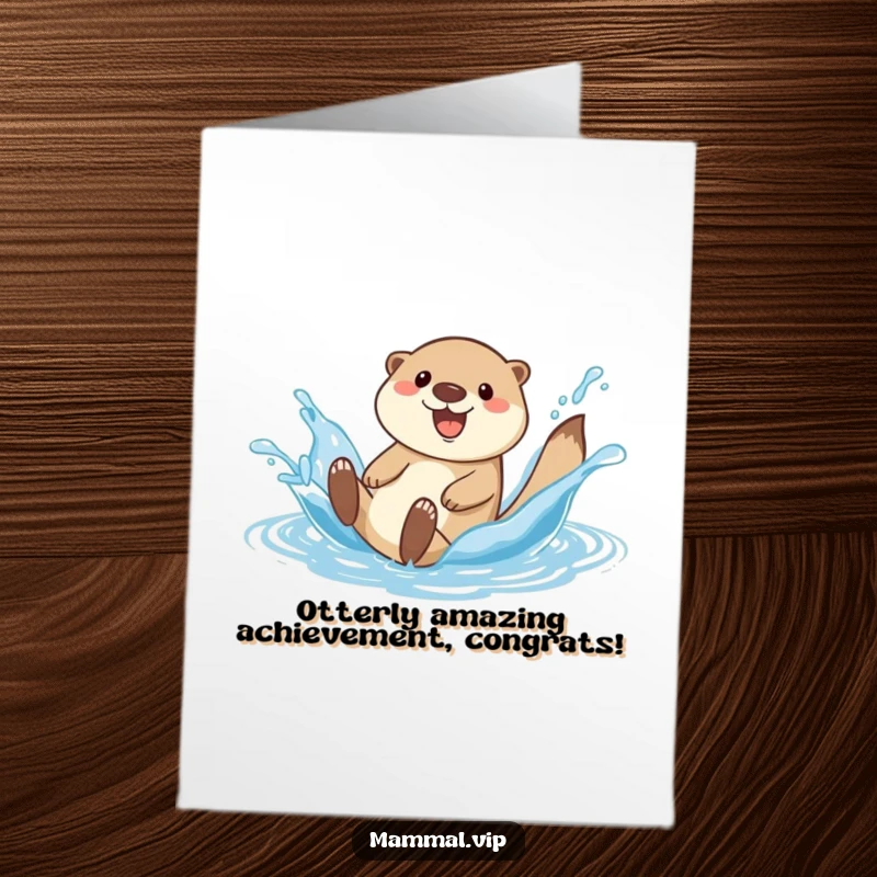 Funny Free Printable Congratulations Card showing a happy otter character sliding down a water splash, celebrating a new accomplishment.