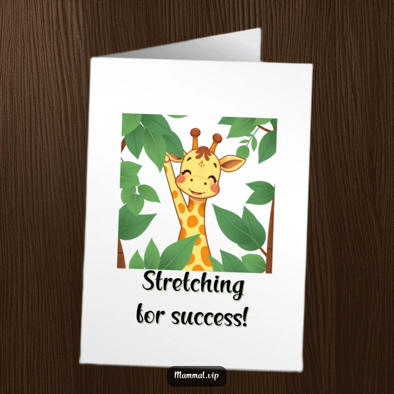 Funny free printable congratulations card: Joyful giraffe character smiling, reaching high for success.