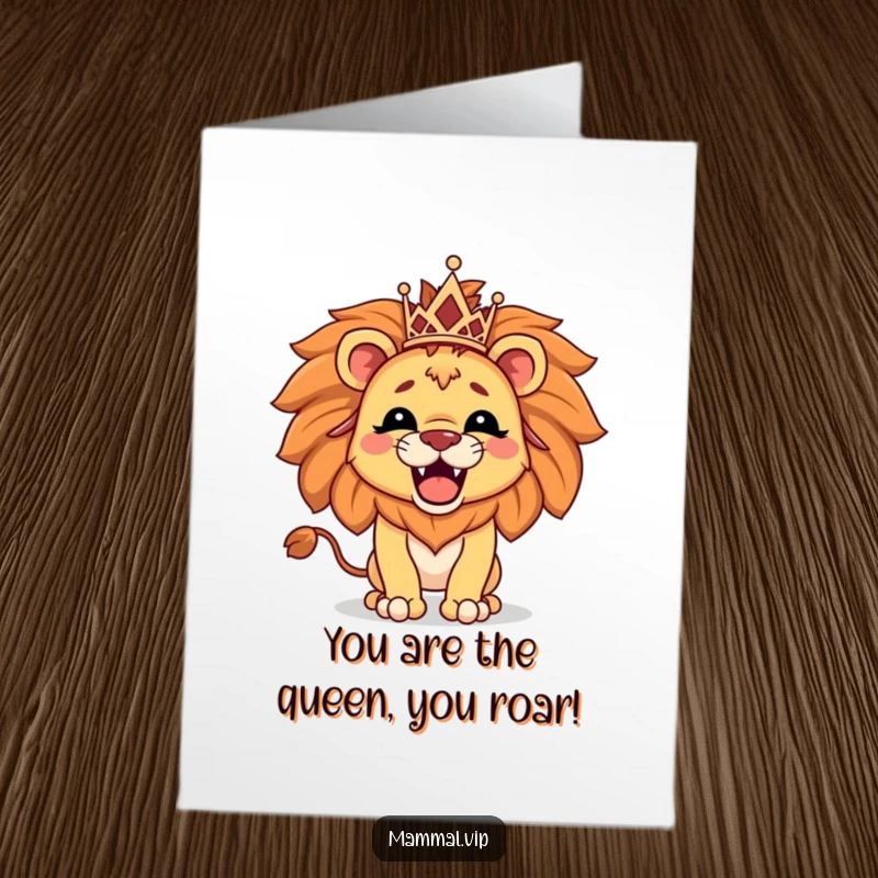 Funny Free Printable Congrats Card: A proud lion character in a tiara, roaring triumphantly to celebrate a major accomplishment.
